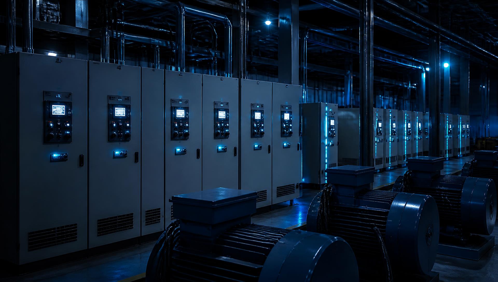 Industrial plant with VFD control panels, electrical cabinets and industrial motors