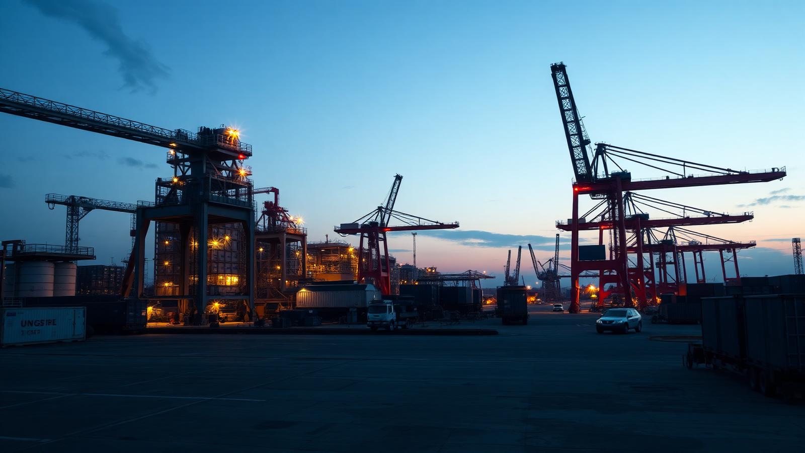 Heavy industrial plant and port cranes at dusk