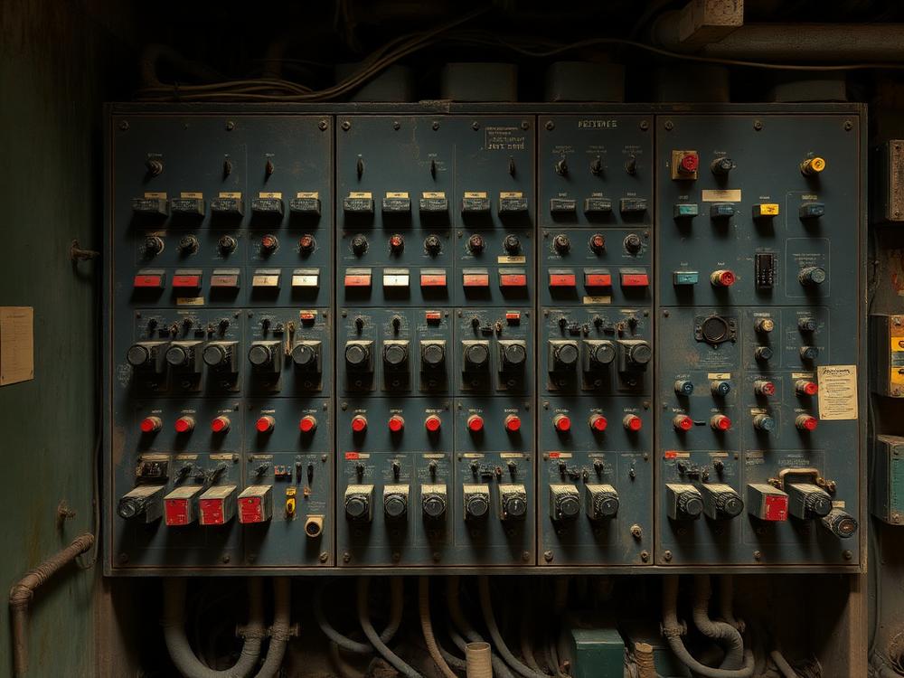 Legacy industrial control panel with outdated relays and switchgear
