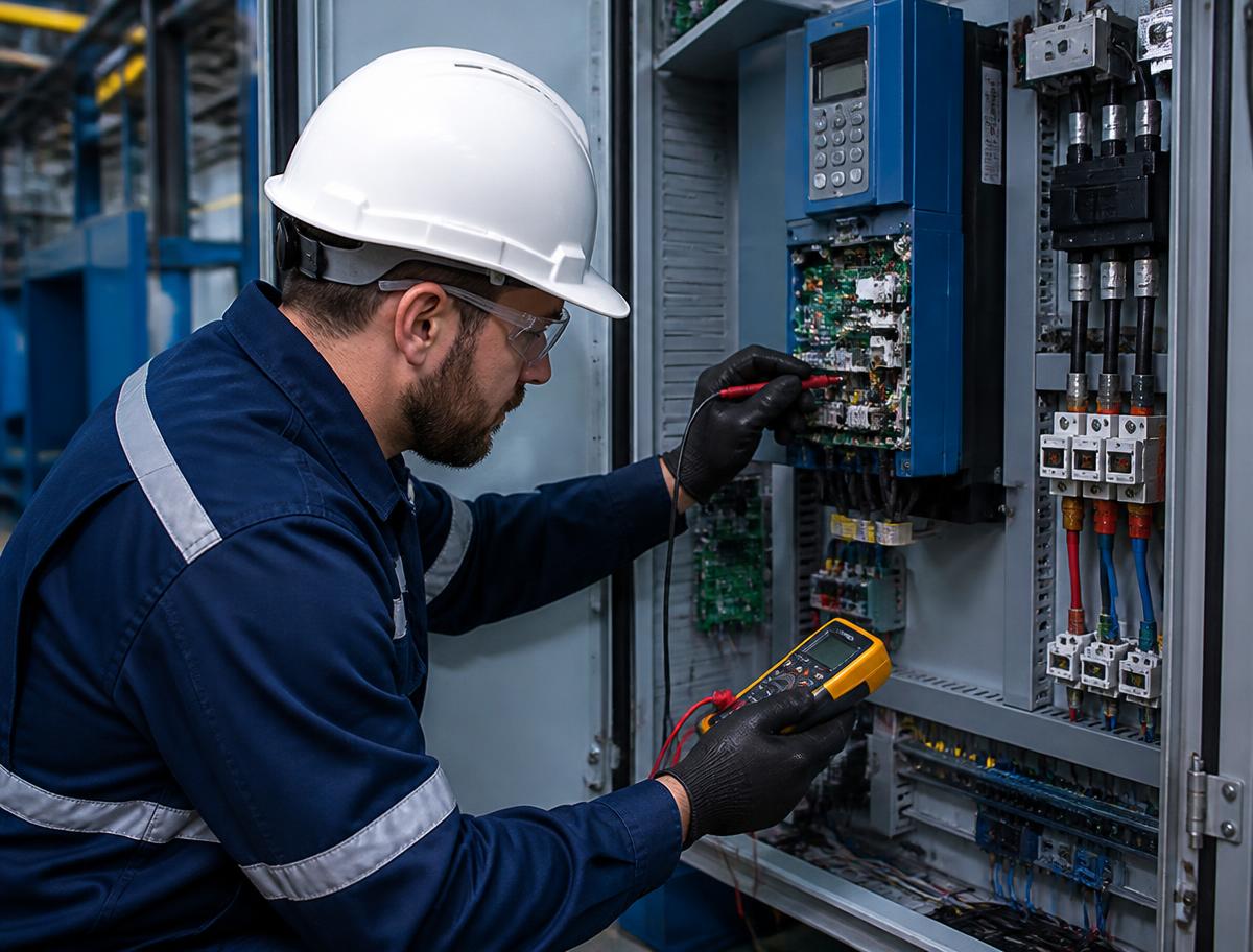 Industrial technician testing a VFD drive inside a control panel